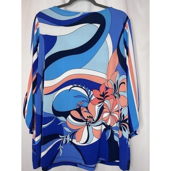 Susan Graver Top Size 1X Liquid Knit Tie Sleeve Tropical Resort Blue Coral - Picture 6 of 7